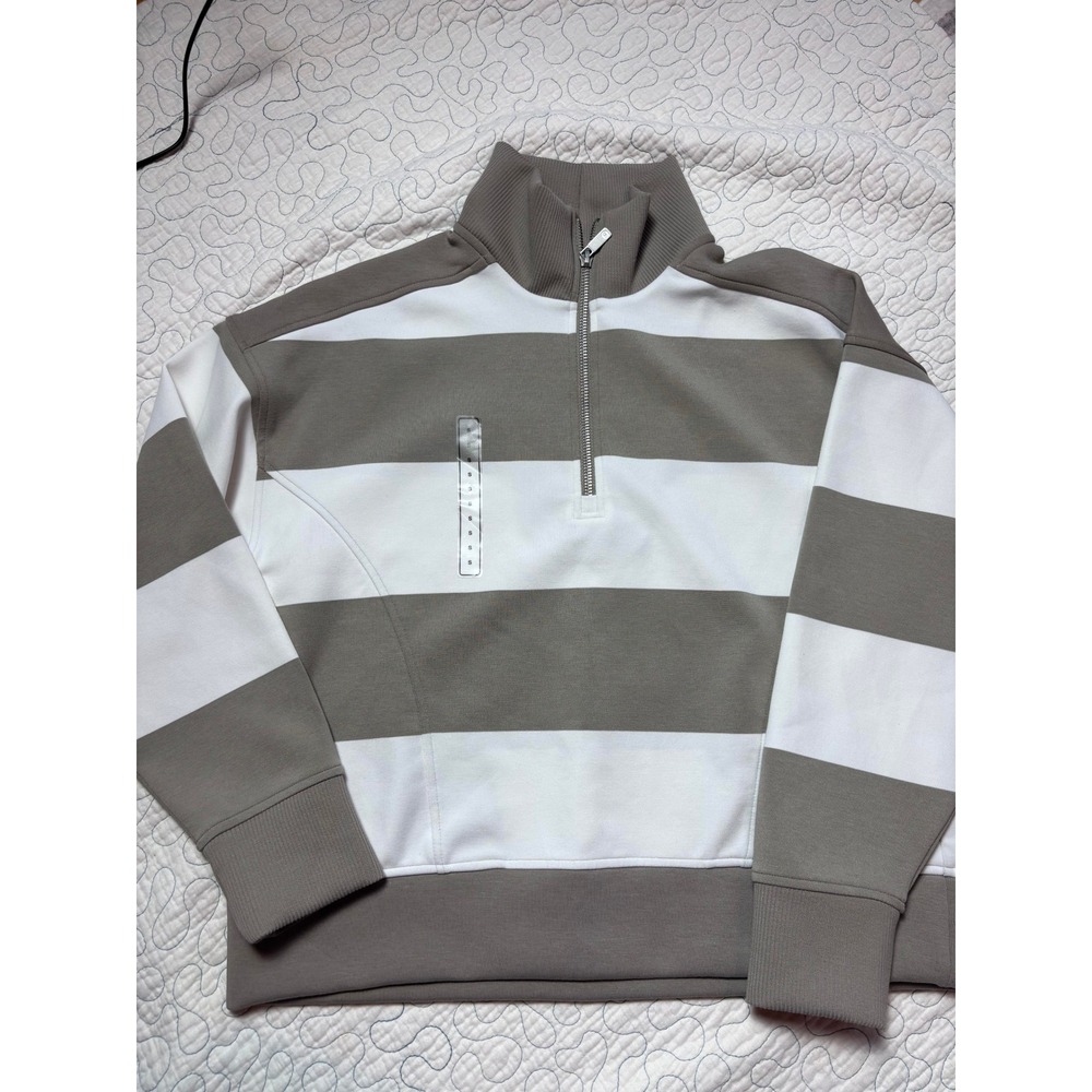 CALIA Womens Quarter Zip Striped Pullover Sweatshirt Taupe White Size Small NWOT